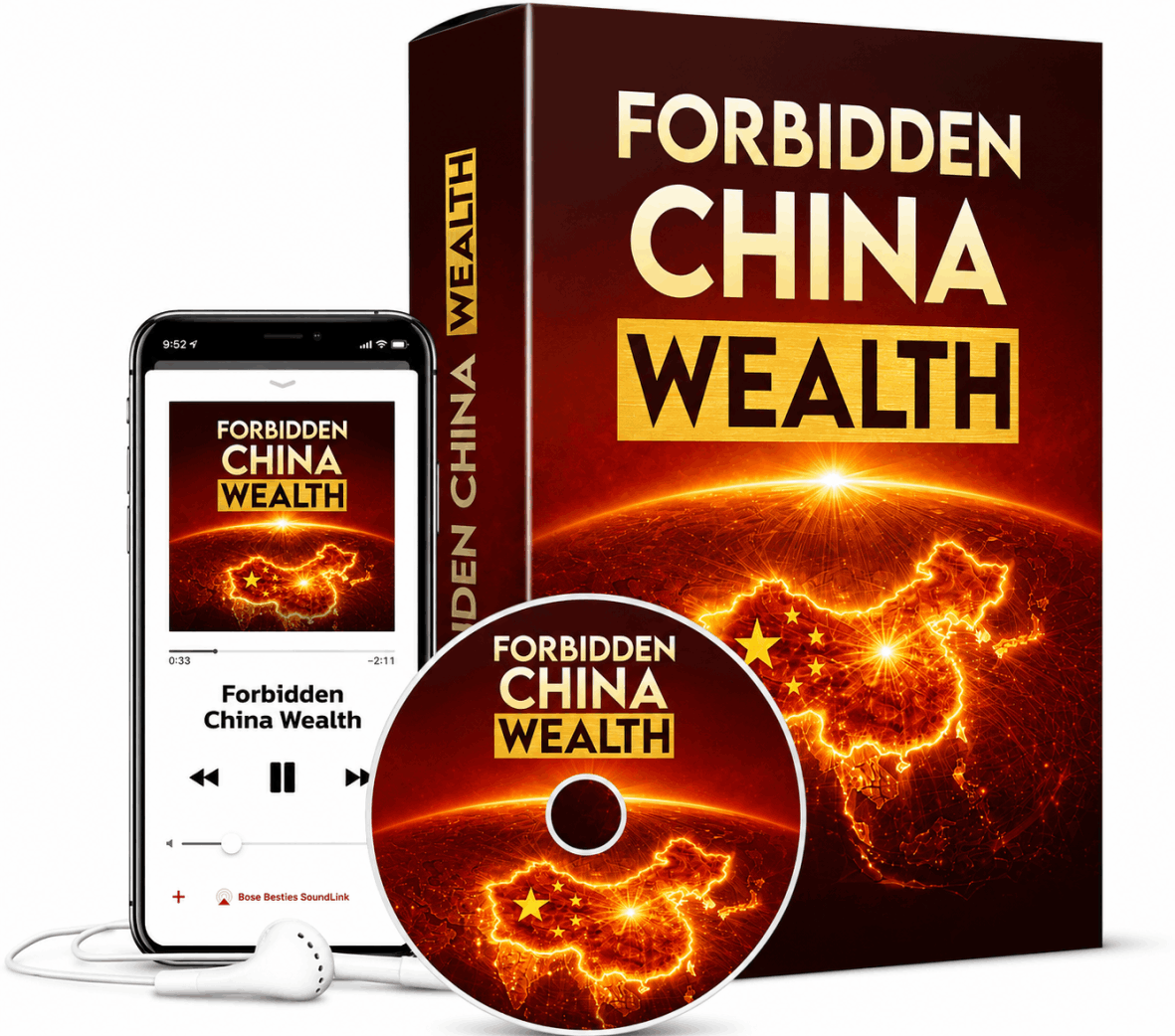 Forbidden China Wealth official audio program box, CD, and phone app